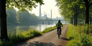 A scenic view of the Ruhr Valley bicycle path celebrating 20 years, blending nature and industrial sites.