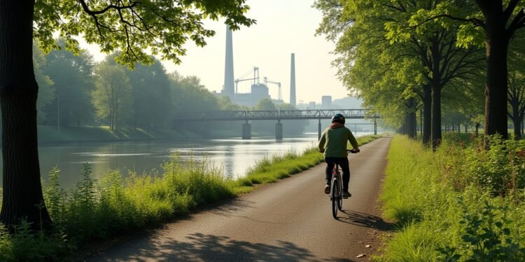 A scenic view of the Ruhr Valley bicycle path celebrating 20 years, blending nature and industrial sites.