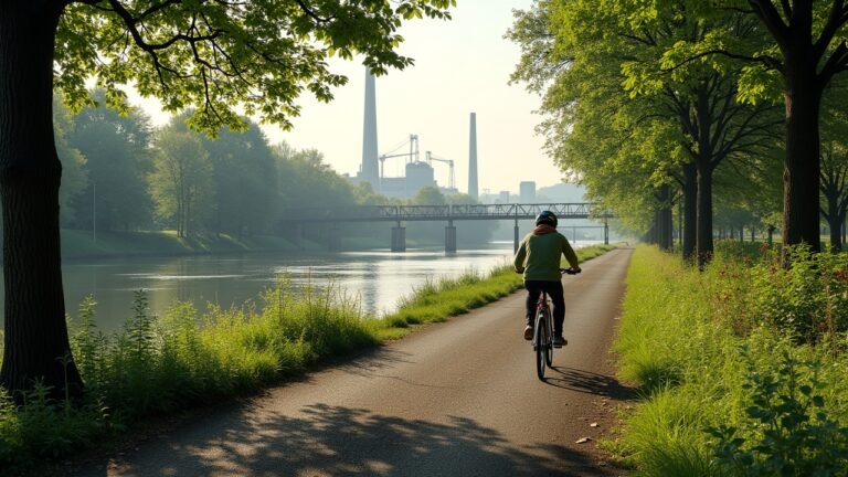 A scenic view of the Ruhr Valley bicycle path celebrating 20 years, blending nature and industrial sites.