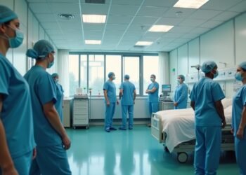 مشهد لمستشفى مثقل بالعمل في ألمانيا، مع الأطباء والمرضى وآلات طبية في بيئة واقعية.