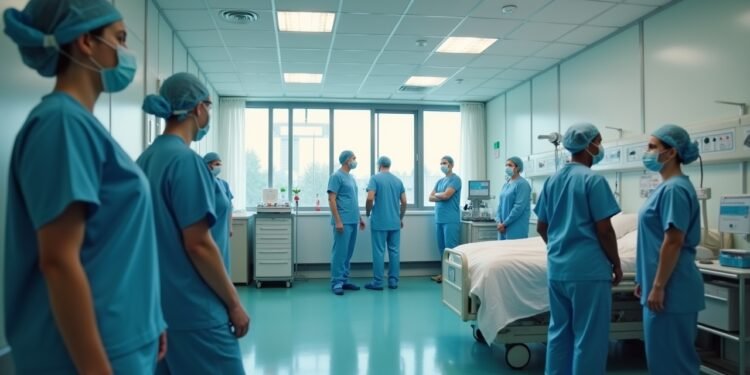 مشهد لمستشفى مثقل بالعمل في ألمانيا، مع الأطباء والمرضى وآلات طبية في بيئة واقعية.