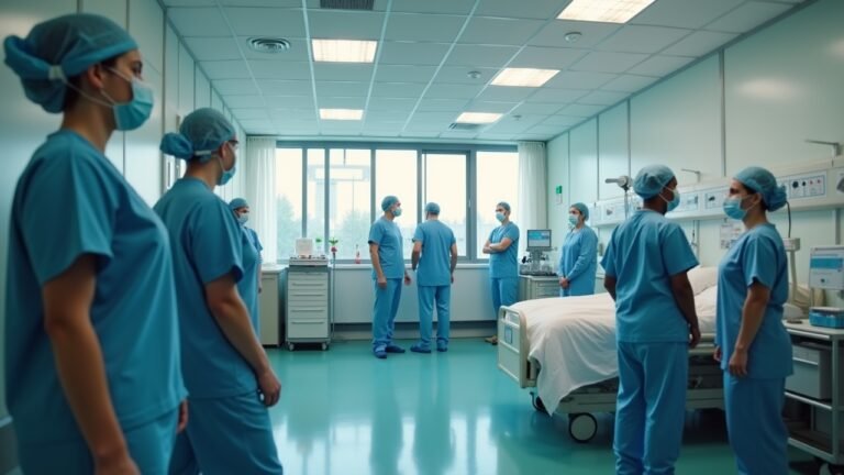 مشهد لمستشفى مثقل بالعمل في ألمانيا، مع الأطباء والمرضى وآلات طبية في بيئة واقعية.