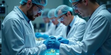 مشهد من مختبر يُظهر باحثين يعملون مع مواد جينية لتطوير علاجات جديدة