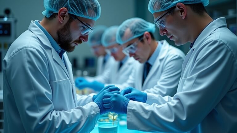 مشهد من مختبر يُظهر باحثين يعملون مع مواد جينية لتطوير علاجات جديدة