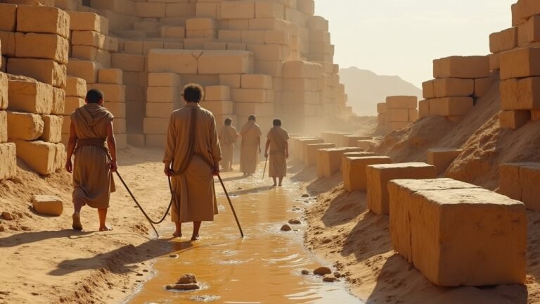 مشهد لعمال مصريين قدامى يستخدمون نظام هيدروليكي لنقل الكتل الكبيرة أثناء بناء الأهرامات