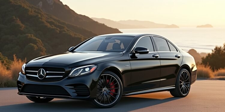 صورة حقيقية لمرسيدس C400 مع خلفية طبيعية، تظهر تصميمها الأنيق وميزاتها المتطورة.