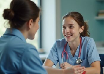 شخص شاب يناقش عادات غذائية مع مختص صحي في بيئة طبية.