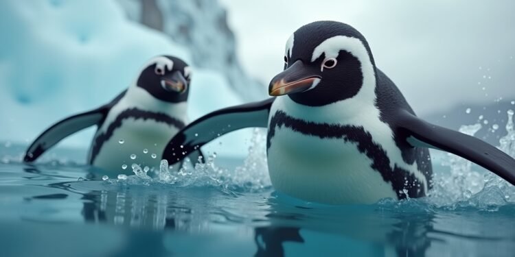 A group of macaroni penguins swimming gracefully in the cold Southern Ocean, highlighting their strong muscles.
