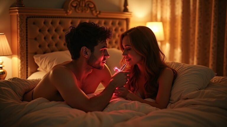 Couple enjoying intimacy in a softly lit bedroom with sex toys.