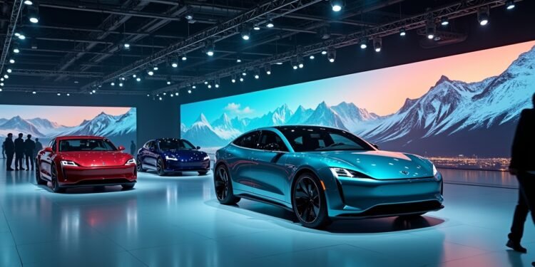 Scene from the Beijing Auto Show displaying innovative electric vehicles and technology