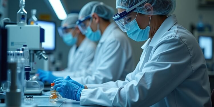 Scene portraying scientists in a laboratory focusing on advanced reproductive technologies