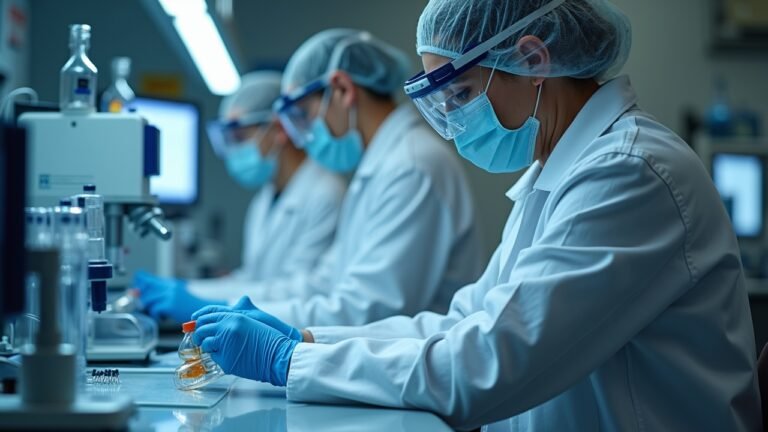Scene portraying scientists in a laboratory focusing on advanced reproductive technologies