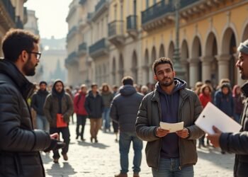 تجمع لمجموعة متنوعة من المهاجرين في ساحة عامة في إسبانيا