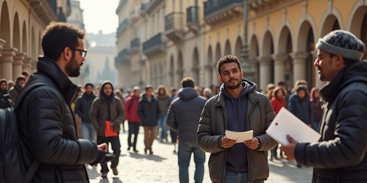 تجمع لمجموعة متنوعة من المهاجرين في ساحة عامة في إسبانيا