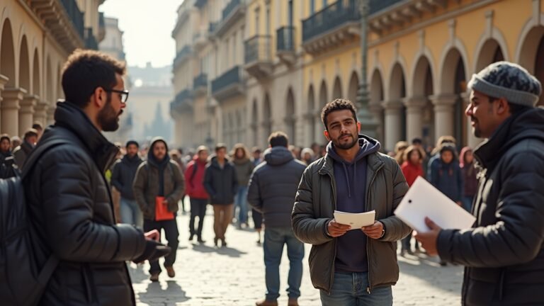 تجمع لمجموعة متنوعة من المهاجرين في ساحة عامة في إسبانيا