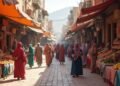 Marketplace scene in Morocco with people and goods