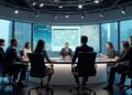 صورة واقعية لمكتب أخبار حديث مع صحفيين يعملون ويتبادلون النقاشات
