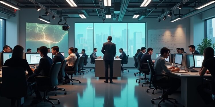 غرفة أخبار نشطة مع صحفيين يعملون على تقارير الأخبار