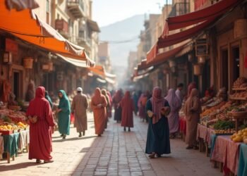 Marketplace scene in Morocco with people and goods