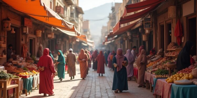 Marketplace scene in Morocco with people and goods