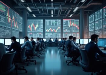 محترفون على منصة تداول في سوق الأسهم يتابعون بيانات مالية