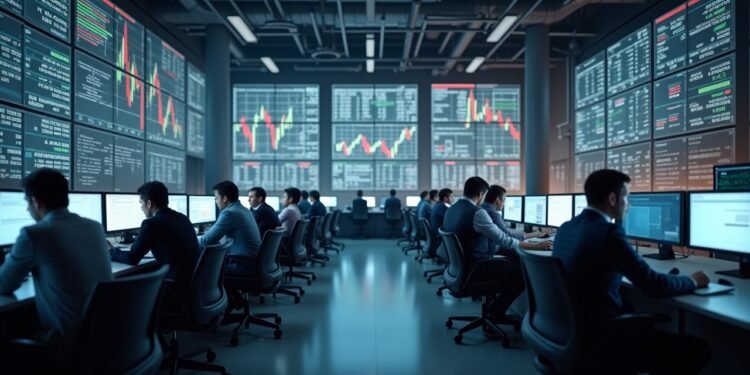 محترفون على منصة تداول في سوق الأسهم يتابعون بيانات مالية