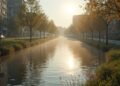 A serene view of a river in a German city, with a no water extraction sign visible amidst dry conditions.