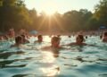 People swimming and relaxing at a crowded lake during a heatwave in Germany.