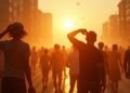 Scene depicting people outdoors in extreme heat, showing the impact of high temperatures on daily urban life