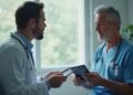 Healthcare professional explaining testosterone therapy to a male patient