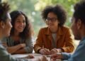 A group of young adults discussing relationship choices in a natural setting.