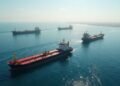 An oil tanker navigating through the Strait of Hormuz, highlighting its strategic importance in global oil trade.