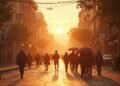 A busy street in Germany during a heatwave, with people looking for shade and cooler areas.