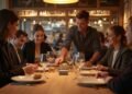 A scene inside a Swiss restaurant showing customers leaving tips on tables, capturing the essence of tipping culture in Switzerland.