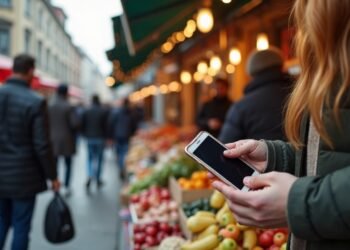 A bustling street market in Berlin, highlighting modern digital payment methods.