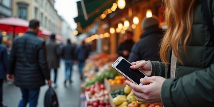 A bustling street market in Berlin, highlighting modern digital payment methods.