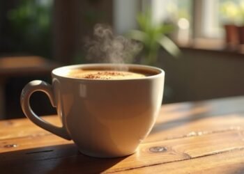 A cup of protein coffee on a wooden table, symbolizing healthy lifestyle choices
