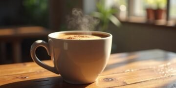 A cup of protein coffee on a wooden table, symbolizing healthy lifestyle choices