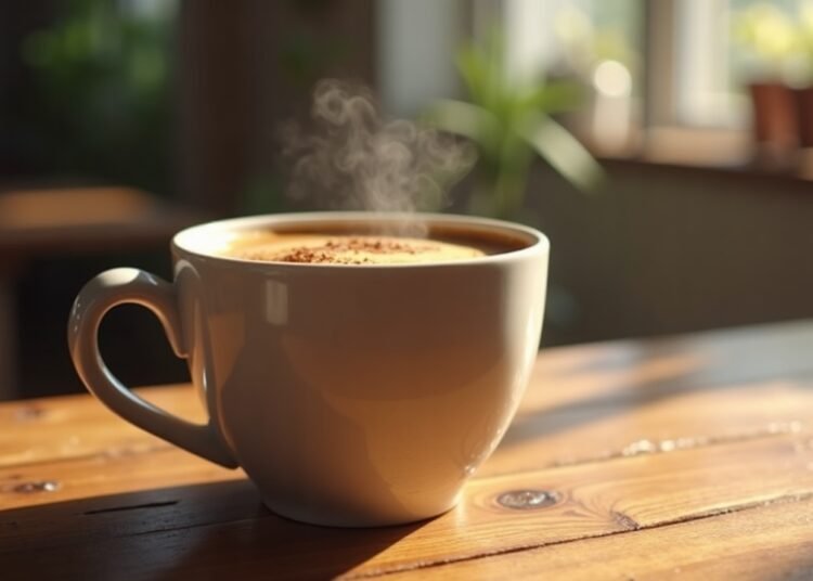 A cup of protein coffee on a wooden table, symbolizing healthy lifestyle choices
