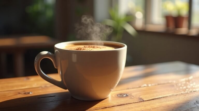 A cup of protein coffee on a wooden table, symbolizing healthy lifestyle choices