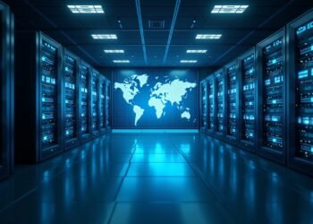 صورة لخوادم البيانات العصرية مع خريطة عالمية في الخلفية تشير إلى مواقع مختلفة.