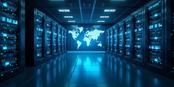 صورة لخوادم البيانات العصرية مع خريطة عالمية في الخلفية تشير إلى مواقع مختلفة.