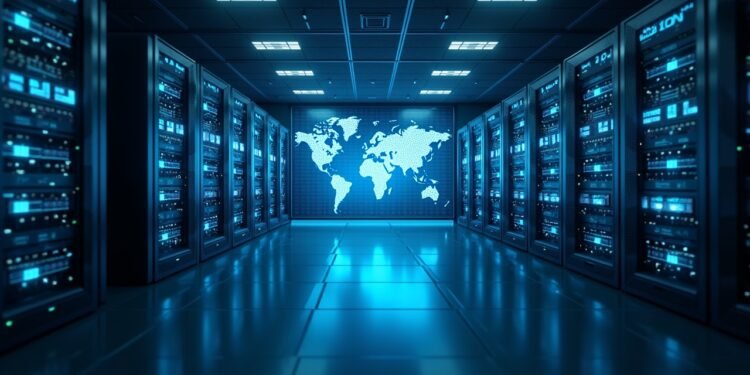 صورة لخوادم البيانات العصرية مع خريطة عالمية في الخلفية تشير إلى مواقع مختلفة.