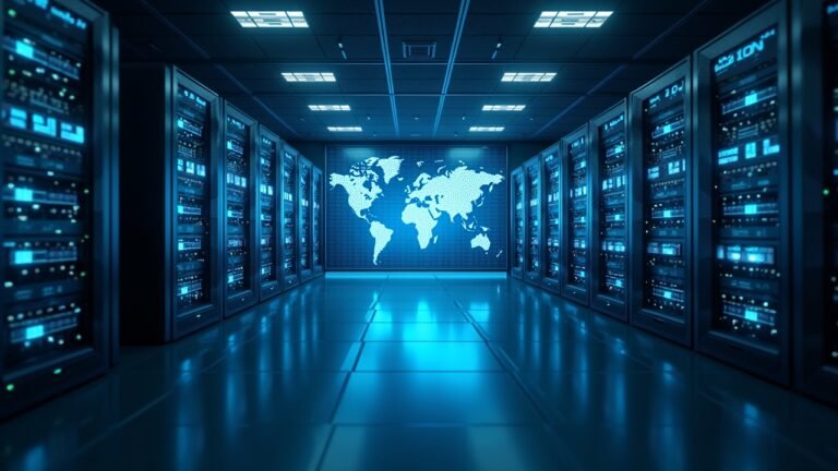 صورة لخوادم البيانات العصرية مع خريطة عالمية في الخلفية تشير إلى مواقع مختلفة.