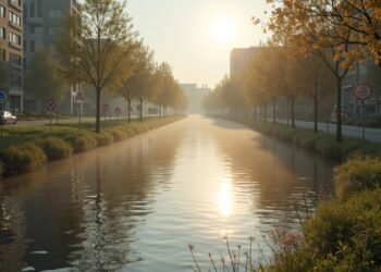 A serene view of a river in a German city, with a no water extraction sign visible amidst dry conditions.