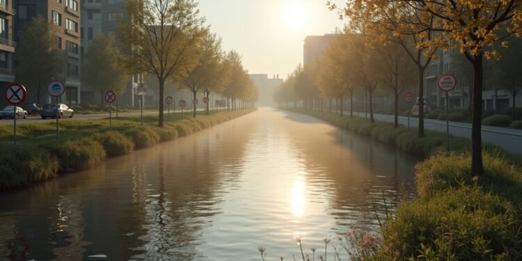 A serene view of a river in a German city, with a no water extraction sign visible amidst dry conditions.