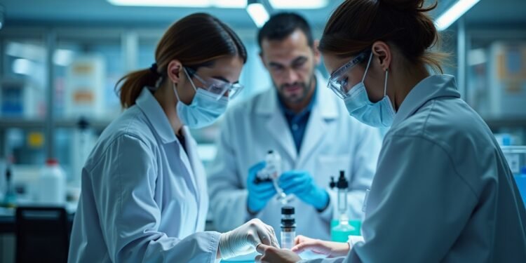 Researchers analyzing genetic data in a laboratory setting