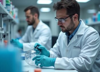 Researchers working on cancer immunotherapy in a modern laboratory