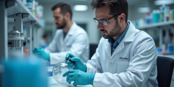 Researchers working on cancer immunotherapy in a modern laboratory