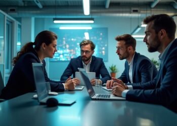 صورة تظهر مكتب حديث مع استخدام التكنولوجيا الرقمية وموظفين يتناقشون